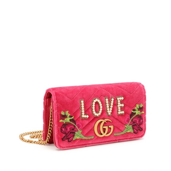 Gucci Fuchsia Love Embroidered Velvet Matelasse GG Marmont Mini Bag - Picture 13 of 16